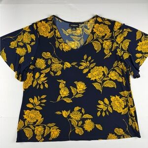 Liz Claiborne Navy Short-Sleeve V neck Top with Yellow Floral Print size XXL